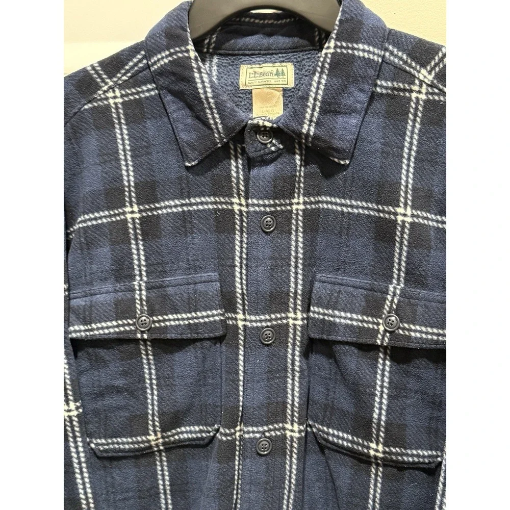 LL Bean Shirt Jacket Men Large Blue Plaid Fleece Lined Shacket 273074